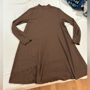 Gap Petite Large Knee Length Winter Fall Ribbed Brown Long Sleeve A-Line Dress